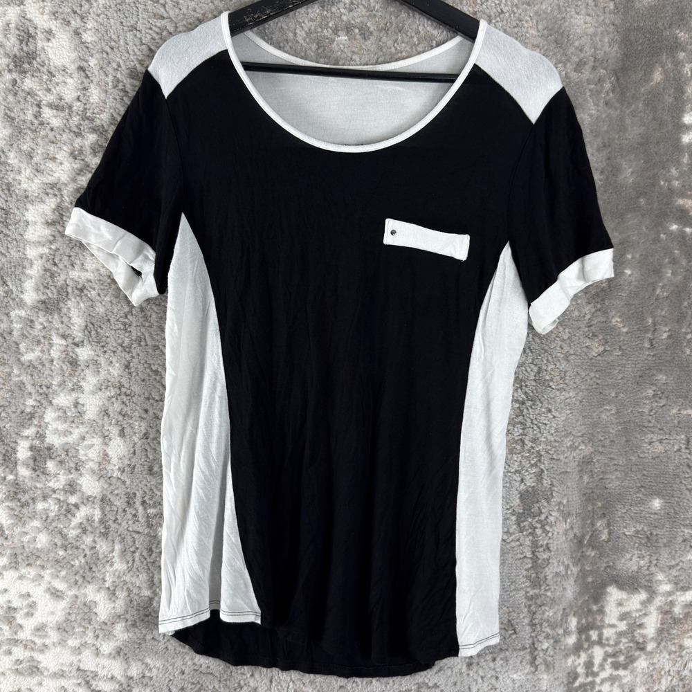 Claudia Richard Size  Minimalist Casual Top Black White Short Sleeve Pullover
